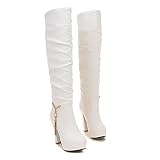 YWLINK Mujer Botas Altas hasta El Muslo Negro Muslo Alto de Una Sola Suela Bota de Tacón sobre La Rodilla Tirar de Las Botas Holgadas Botas de Tacón Grueso para Mujeres Otoño (Blanco, 37)