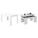 Habitdesign Mesa De Comedor Extensible, Mesa Salón O Cocina, Acabado En Color Blanco Brillo + Mesa De Centro Elevable, Mesita De Salon Comedor, Modelo Kendra