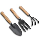 Kit de Herramientas Jardinería para tu Jardín, Juego de 3 Piezas Pala de Jardín, Azada y Rastrillo, Set de Herramientas de Jardinería con Mando de Madera de 34cm