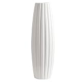 fanquare Jarrón de Piso Grande con Rayas Blancas Simples, Florero Decorativo Hecho a Mano, Jarrón Alto de Cerámica para Flor, Altura 45cm