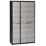 Armario de exterior de 3 puertas, armario de jardín con 4 estantes ajustables ventilados, armario alto de polipropileno para exterior interior, 97 x 38 x 171 cm, negro y gris