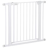 PawHut Barrera de Seguridad de Perros Extensible para Escaleras y Puertas 75-96 cm con 2 Extensiones de 7 cm Cierre Automático y Marco de Acero Altura 76 cm Blanco