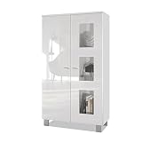 Vladon Vitrina Denjo, Cristalera con 2 Puertas y 3 Estantes de Cristal, Blanco Mate/Blanco de Alto Brillo (71 x 129 x 35 cm)