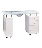 Mesa de Manicura Profesional con Aspiradora y Base de Cristal con 3 Cajones y 3 Baldas en el Lateral de Cómodo Acceso para Utensilios