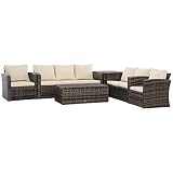 Outsunny Conjunto de Muebles de Jardín de Ratán 6 Piezas Sofá Doble Sofá de 3 Plazas 2 Sillones Individuales 2 Mesas Auxiliares con Almacenamiento y Cojines Acolchados Marrón y Crema