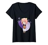 Mujer Linda chica de anime estilo chibi con caja Kawaii personaje arte Camiseta Cuello V