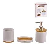 NAHUEL Juego De Accesorios de Baño Cerámica Bambú, Set de 3 Piezas para el Cuarto de baño, Dispensador de jabón, Vaso para Cepillos y Bandeja jabón