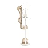 KungFuWood perchero de pie, percheros de pie de madera, Diseño giratorio de 360° con 3 estantes y 9 ganchos, traje usado para Cuelga ropa, sombreros, ser aplicable dormitorio, oficina, blanco