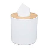 Relaxdays Kosmetiktuchbox Caja para pañuelos de baño con Tapa de bambú, diseño Moderno, Recipiente de plástico, Altura x Profundidad: 12,5 x 13,5 cm, Natural, Blanco/Crema