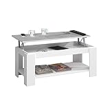 Mesa Centro con revistero, Mesa elevable, mesita Mueble Salon Comedor, Acabado en Blanco Artik y Gris Cemento, Medidas: 102 cm (Largo) x 43/54 cm (Alto) x 50 cm (Fondo)