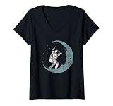 Mujer Astronauta Minero Luna con gráfico de pico Camiseta Cuello V