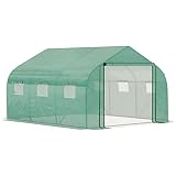 Outsunny Invernadero de Túnel 3,5x3x2 m Invernadero de Jardín con Puerta y 6 Ventanas Enrollables de Polietileno Metal Galvanizado para Cultivos Plantas Flores Verde
