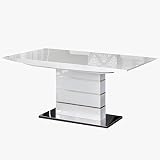 MerkaHome - Mesa de Comedor Extensible 160x90 cm Estela en Lacado Alto Brillo Blanco y pie Central