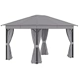Outsunny Cenador de Jardín 4x3 m Pabellón con Techo de Ventilación 4 Cortinas Laterales con Puerta y 8 Orificio de Drenaje Gazebo de Aluminio para Exterior Patio Fiestas Gris