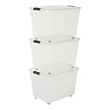 Iris Ohyama, Juego de 3, cajas de almacenamiento, 60 L, sistema de doble apertura, con ruedas, dormitorio, sala de estar, garaje - TB Roller Box TBRH-60 - Transparente