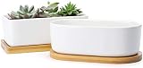 Macetas suculentas-Macetas rectangulares de cerámica de 6 pulgadas, Contenedor pequeño de cactus, Macetas de bonsái, macetas de flores con agujero de drenaje,Juego de 2,Color Blanco