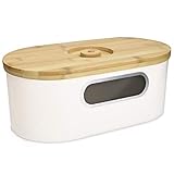 Navaris Panera con Tapa de bambú - Recipiente para Guardar Pan - Contenedor Original de Acero - Caja Alargada con Tabla de Cortar - Blanco Marfil