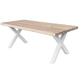 COMIFORT Mesa de Centro - Mueble para Cafe Salon Comedor Oficina Robusto y Moderno de Roble Macizo Blanqueado con Lado Ondulado, Altura 45 cm, Patas de Acero X-Forma Blancas (120x75 cm)