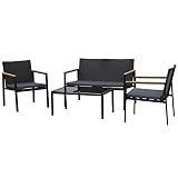 Outsunny Conjunto 4 Piezas Muebles de Ratán con Cojines Acolchados con 2 Sillones 1 Sofá para Doble para Jardín Exterior Terraza Patio Restaurante Cafetería Vidrio Templado Negro y Gris