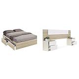 Habitdesign 006088F Cama con 4 Cajones para Somier De 150X190, Roble Canadian, 156 X 196 X 37 Cm + 016075F - Cabezal Y Mesitas De Noche, Acabado En Color Roble Canadian Y Blanco Artik
