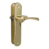 Amig - Juego de 2 Manillas de Placa Ovalada de Acero y Tirador de Zamak con Acabado Latonado Barnizado para Puertas de Paso de Interior - 237 x 40 mm · Manivela 120 mm | Incluye Tornillos