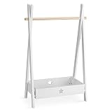 Navaris Perchero de pie infantil - Burro de madera para colgar ropa de niños - Colgador resistente para perchas con cajón de almacenamiento - Blanco