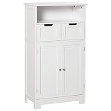 kleankin Armario de Baño con 2 Puertas Estante Ajustable 2 Cajones y Compartimento Abierto Mueble Auxiliar de Almacenaje para Salón Cocina 60x30x108,8 cm Blanco