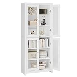 FOREHILL Mueble Vitrina de Cristal, Aparador Cocina, Estantería Oficina, Salón, Estudio, con 6 Estantes 4 Puertas, Madera y Cristal, Blanco, 80x33x190cm