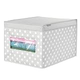mDesign Caja con tapa grande con estampado de puntos – Cajas apilables para guardar ropa o zapatos – Cajas para armarios con tapa y ventana – gris/blanco