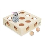 Pfotenolymp Juguete interactivo para gato/caja con bolas y ratón de juguete, juguete de madera para gatos, juego de topos, juego de pesca, juego de caza