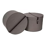 Bigso Box of Sweden Juego de 2 cajas redondas de distinto tamaño – Cajas con tapa y correa de cuero – Caja sombrerera de tablero de fibras y papel con aspecto de lino – gris