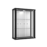 Vitrina Mueble de pared 80x60x25 cm negro con 2 estantes de vidrio, espejo y iluminación LED