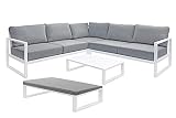 Muebletmoi - Salón de jardín 1 sofá esquinero, 1 mesa baja, aluminio blanco y cojines de tela gris jaspeado – Estilo Lounge – Puerto