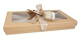 Emartbuy Paquete de 12 Caja de Regalo de Presentación en Forma de Rectángulo, 21 cm x 12.5 cm x 2.5 cm, Caja Kraft Marrón Con Tapa Transparente y Cinta de Raso