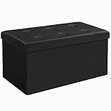 SONGMICS Puff Almancenaje, Banco Almacenaje, Capacidad de 80 litros, Máx. Capacidad de Carga de 300 kg Tapizado Polipiel, para Sala de Estar, Dormitorio, Entrada, Negro LSF105
