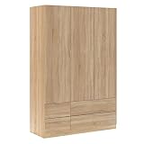 Habitdesign Armario Ropero de 3 Puertas y 4 Cajones, Armario Dormitorio,Acabado en Color Roble Canadian, Medidas: 135 cm (Ancho) x 200 cm (Alto) x 52 cm (Fondo)