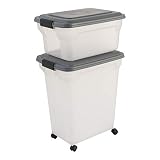Iris Ohyama, Contenedor de comida para mascotas, juego de 2, 20 L y 45 L para 7,5 y 15 kg, tapa abatible, hermética, transparente, ruedas y pala - Air Tight Food Container ATS-C - Gris