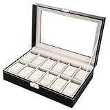 feihao Caja de Relojes con 12 Compartimentos, Estuche/Guarda Relojes, Relojes para Guardar Relojes con Cerradura,Relojero con Tapa de Cristal y Forro de Terciopelo