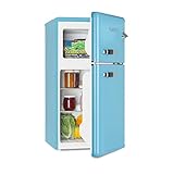 Klarstein Irene - Frigorífico combi, Volumen 61 Litros, Congelador 24 Litros, Refrigeración regulable 0-10 °C, 2 estantes, Cajón para verduras, 2 compartimentos en la puerta, Altura regulable, Azul