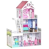 HOMCOM Casa de Muñecas de Madera de 3 Niveles para Muñecas de 10 cm con Muebles 13 Accesorios Incluidos Casita Muñecas de Juguete 60x29x85 cm Rosa