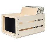 Navaris Caja para discos de vinilo - Mueble de madera porta vinilos - Estilo vintage con pizarra para anotar - Soporte con espacio para 80x disco LP