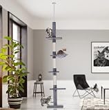 Pawhut Árbol Rascador para Gatos Árbol Escalador de Gato para Fijar al Techo Altura Ajustable con Plataformas Hamaca y Postes de Sisal 40x34x230-260 cm Gris