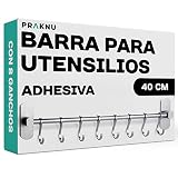 Barra para Utensilios de Cocina con 8 Ganchos - Adhesiva - Instalación sin Taladro - 40 cm