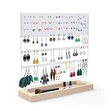 Soporte para joyas, 144 agujeros, soporte para pendientes, estante organizador de joyas con bandeja de madera, collares, pulseras, anillos (blanco)