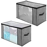 mDesign Juego de 2 cajas organizadoras de tela – Prácticas cajas para guardar ropa y ropa de cama – Sistema de almacenaje grande con cremallera y ventana de visualización – gris/negro