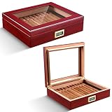 CIGARLOONG Humidor de puros de madera de cedro, caja clásica para puros con higrómetro digital y humidificador para 20-35 puros (color cereza)