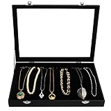 Kurtzy Bandeja Joyas Terciopelo Negro Expositor de Joyas Bandeja 20 Ganchos y Tapa de Vidrio con Cierre - Organizador Joyas Cajones para Collares, Brazaletes, Pendientes y Tobilleras
