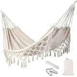PiuShopping Hamaca de jardín beige para terraza, con flecos de diseño macramé, poliéster con barras de madera | 200 x 100
