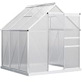 Outsunny Invernadero de Jardín de Policarbonato y Aluminio Caseta de Exterior con Puerta Corredera y 2 Tragaluces para Cultivo Plantas Semillas 190x190x200 cm Transparente