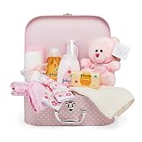 Cesta de Bebé Recién Nacido Niña Estilo Maletín – Caja de Recuerdos de Bebé Rosa con Osito, Muselina, Ropa y Otras Cosas de Bebé Esenciales - Cesta de Bebé para Baby Shower